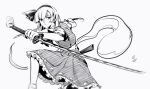  belt bob_cut bow bowtie cherry_blossoms collared_shirt eyebrows_visible_through_hair hair_ribbon hairband highres hitodama_print katana konpaku_youmu konpaku_youmu_(ghost) looking_to_the_side monochrome pouty_lips reverse_grip ribbon serious sheath shirt short_hair short_sleeves simple_background skirt socks solo sword touhou vest wakizashi weapon white_background white_shirt you33ou 