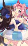  2girls absurdres animal_ears bangs beach blue_headwear blue_swimsuit blush brown_hair commentary_request day ear_covers eyebrows_visible_through_hair flower haru_urara_(umamusume) hat hat_flower headband highres hizuki_yayoi horse_ears horse_girl horse_tail innertube long_hair looking_at_viewer multiple_girls one-piece_swimsuit open_mouth outdoors ponytail rice_shower_(umamusume) rose sidelocks swimsuit tail tilted_headwear umamusume 