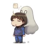  1other brown_hair english_text flying_sweatdrops frisk_(undertale) ghost napstablook shirt signature striped striped_shirt sweatdrop undertale white_background zyunya 