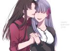  2girls black_hair closed_eyes dress fate/stay_night fate_(series) hair_ribbon heaven&#039;s_feel holding_hands long_hair matou_sakura multiple_girls older purple_hair red_ribbon ribbon siblings sisters suzuko_(star8383) tohsaka_rin 