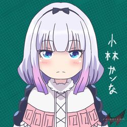  black_headband blue_eyes expressionless headband highres kanna_kamui kobayashi-san_chi_no_maidragon pink_shirt seireiart shirt white_hair 