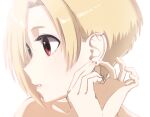  1girl adjusting_earrings bare_shoulders blonde_hair collarbone ear_piercing earrings hands_up idolmaster idolmaster_cinderella_girls jewelry looking_away looking_to_the_side parted_lips piercing portrait red_eyes shirasaka_koume short_hair simple_background solo vivid_(key) white_background 