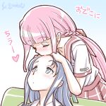  2girls artist_name blue_hair blush braid closed_eyes forehead_kiss kiss long_hair magia_record:_mahou_shoujo_madoka_magica_gaiden mahou_shoujo_madoka_magica multiple_girls nanami_yachiyo pink_hair school_uniform studiozombie tamaki_iroha yuri 