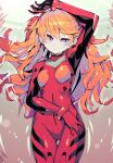  1girl bodysuit green_eyes highres interface_headset long_hair multicolored multicolored_bodysuit multicolored_clothes neon_genesis_evangelion orange_bodysuit orange_hair parororo pilot_suit plugsuit red_bodysuit solo souryuu_asuka_langley thigh_gap 