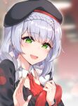  1girl apron bangs blunt_bangs blush braid dulldull employee_uniform genshin_impact green_eyes half-closed_eyes hand_up highres noelle_(genshin_impact) open_mouth red_neckwear short_hair smile solo uniform white_hair 