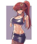  artist_request blush hair_ornament hair_tie highres lamia long_hair miia_(monster_musume) miniskirt monster_girl monster_musume_no_iru_nichijou ponytail redhead skirt source_request sports_bra sportswear sweat towel yellow_eyes 