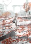  1girl absurdres autumn_leaves bandaged_leg bandages black_collar blonde_hair bridge building character_request chihuri closed_mouth collar commentary_request day dress forehead grey_eyes grey_footwear highres looking_away nier_(series) nier_reincarnation outdoors ruins shoes solo standing tree twintails white_background white_dress 