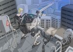  1girl bob_cut boots closed_mouth externally_piloted_mecha from_behind gatling_santouhei highres looking_at_viewer looking_back mecha original rooftop solo thigh-highs thigh_boots 