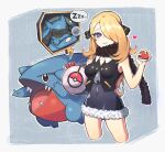  1girl bag bare_arms blonde_hair breasts bubble chung1000 commentary_request crop_top cynthia_(pokemon) duffel_bag eyelashes gen_4_pokemon gible grey_eyes hair_ornament hair_over_one_eye holding holding_poke_ball long_hair looking_at_viewer outline parted_lips poke_ball poke_ball_(basic) pokemon pokemon_(creature) pokemon_(game) pokemon_dppt riolu scarf sleeveless younger zipper_pull_tab zzz 