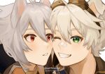  2boys animal_ears bandaid bandaid_on_face bandaid_on_nose bangs bennett_(genshin_impact) blush closed_eyes dog_boy dog_ears english_commentary eyebrows_visible_through_hair genshin_impact goggles goggles_on_head grey_hair grin hair_between_eyes highres long_hair looking_at_another male_focus multiple_boys open_mouth razor_(genshin_impact) red_eyes scar scar_on_face simple_background smile snifflesmp4 white_hair 