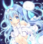  1girl angora_rabbit animal bangs bare_shoulders blue_eyes blue_hair blue_wings blush bow capelet closed_mouth commentary_request demon_girl demon_horns demon_tail dress eyebrows_visible_through_hair floating_hair fur-trimmed_capelet fur_trim gochuumon_wa_usagi_desu_ka? hair_between_eyes hair_bow hair_ornament hands_up horns kafuu_chino long_hair long_sleeves looking_at_viewer nanase_miori rabbit signature sleeves_past_wrists tail tippy_(gochiusa) twintails very_long_hair white_bow white_capelet white_dress winged_animal wings x_hair_ornament 