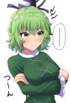  ... 1girl annoyed arms_under_breasts bangs black_headwear blush breasts closed_mouth commentary_request cross-laced_clothes crossed_arms dress eyebrows_visible_through_hair frown fusu_(a95101221) green_dress green_eyes green_hair hair_between_eyes hat large_breasts long_sleeves looking_away looking_to_the_side short_hair simple_background soga_no_tojiko solo spoken_ellipsis tate_eboshi touhou upper_body v-shaped_eyebrows white_background wide_sleeves 