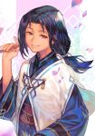  1boy bangs black_hair cherry_blossoms closed_fan fan folding_fan haku_(utawarerumono) hankuri holding holding_fan hankuri long_hair looking_at_viewer paper_fan ponytail smile solo tied_hair utawarerumono utawarerumono:_futari_no_hakuoro utawarerumono:_itsuwari_no_kamen 