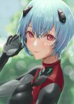  1girl ayanami_rei bangs black_bodysuit blue_hair blurry blurry_background bodysuit breasts breasts_apart eyebrows_visible_through_hair from_side hair_between_eyes highres huziko32 looking_at_viewer neon_genesis_evangelion plugsuit rebuild_of_evangelion red_eyes shiny shiny_hair short_hair small_breasts solo upper_body 