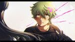  1boy amami_rantarou blood blush commentary_request criis-chan dangan_ronpa_(series) dangan_ronpa_v3:_killing_harmony ear_piercing earrings green_eyes green_hair horizontal_stripes jewelry letterboxed long_hair looking_at_another male_focus messy_hair necklace parted_lips piercing pink_blood shiny shiny_hair shirogane_tsumugi shirt solo_focus striped striped_shirt symbol_commentary teeth tumblr_username upper_body 