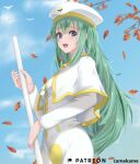  1girl :d absurdres alice_carroll aria autumn_leaves bangs bird blue_eyes blue_sky blurry blurry_background breasts capelet covered_navel dress green_hair hair_between_eyes hat highres holding kamehito long_hair long_sleeves looking_at_viewer open_mouth orange_planet_uniform outdoors shiny shiny_hair sky small_breasts smile solo standing very_long_hair watermark white_capelet white_dress white_headwear 