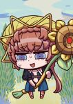  1girl april_fools braid brown_hair chibi crown_braid fate/grand_order fate_(series) flower grass hat highres holding holding_brush holding_flower long_hair looking_down official_art open_mouth riyo_(lyomsnpmp) smile solo straw_hat sunflower sweat van_gogh_(fate) 