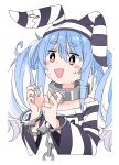  1girl animal_ears animal_hat blue_hair blush_stickers bunny_hat cuffs eyebrows_visible_through_hair hair_between_eyes handcuffs hat hololive ixy long_hair long_sleeves official_alternate_costume open_mouth rabbit_ears red_eyes simple_background solo striped striped_headwear symbol_commentary thick_eyebrows twintails upper_body usada_pekora virtual_youtuber white_background 