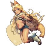  1girl animal_ears blonde_hair blue_eyes blush_stickers boots brown_gloves flat_chest fox_ears fox_girl fox_tail gloves high_heel_boots high_heels long_hair mallet midriff navel original oversized_object short_shorts shorts signature solo stiletto_heels tail zyunya 