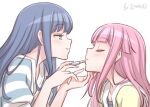  2girls applying_makeup blue_hair blush closed_eyes cosmetics lipstick_tube long_hair magia_record:_mahou_shoujo_madoka_magica_gaiden mahou_shoujo_madoka_magica multiple_girls nanami_yachiyo pink_hair profile shirt smile striped striped_shirt studiozombie tamaki_iroha white_background yuri 