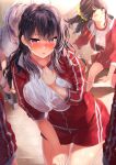  bangs blush breasts highres jacket kawai large_breasts leaning_forward long_hair long_sleeves looking_at_viewer multiple_girls original purple_hair red_jacket red_shorts shirt shorts solo_focus thighs violet_eyes white_shirt 