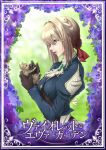  1girl animal black_gloves blue_eyes braid brooch cat day flower gloves hair_ribbon highres holding holding_animal holding_cat jewelry kaku10 light_brown_hair long_sleeves medium_hair open_mouth outdoors profile red_ribbon ribbon solo upper_body violet_evergarden violet_evergarden_(character) 