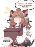  1girl ^_^ animal_ears arknights black_legwear black_ribbon blush box cape cat_ears cat_girl cat_tail closed_eyes closed_mouth curled_horns dress eighth_note english_text eyjafjalla_(arknights) hair_ribbon holding holding_box horns kemonomimi_mode kurotofu long_sleeves musical_note notice_lines puffy_long_sleeves puffy_sleeves ribbon simple_background sleeves_past_wrists smile solo tail thigh-highs torn_cape torn_clothes white_background white_cape white_dress 