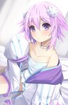  1girl absurdres bare_shoulders bimmy blush breasts choker d-pad d-pad_hair_ornament hair_between_eyes hair_ornament highres hood hooded_jacket jacket lying medium_hair neptune_(neptune_series) neptune_(series) on_bed panties purple_hair small_breasts solo strapless underwear violet_eyes 