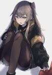  1girl absurdres armband brown_hair clothes_grab commentary_request eyebrows_visible_through_hair fingerless_gloves fuku00 girls_frontline gloves hand_on_own_knee highres hood hooded_jacket jacket knees_to_chest long_hair looking_at_viewer one_side_up open_mouth pantyhose scar scar_across_eye sitting ump45_(girls_frontline) yellow_eyes 