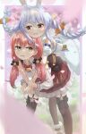  2girls absurdres animal_ear_fluff animal_ears asakura_(asa_t77) bell blue_hair blurry blurry_background blurry_foreground bow bowtie braid brown_legwear carrot_hair_ornament cherry_blossoms commentary_request detached_sleeves dress eyebrows_visible_through_hair feet_out_of_frame food_themed_hair_ornament garter_straps green_eyes hair_bell hair_between_eyes hair_ornament hair_ribbon head_on_head highres hololive hug hug_from_behind jingle_bell leaning_forward leaning_on_person leg_ribbon long_sleeves looking_at_viewer looking_to_the_side low_twintails multiple_girls neck_bell open_mouth pantyhose partial_commentary petals pink_hair rabbit_ears red_neckwear red_skirt ribbon sakura_miko shirt skirt standing standing_on_one_leg thick_eyebrows thigh-highs thigh_ribbon twin_braids twintails usada_pekora virtual_youtuber white_dress white_shirt wrist_grab zettai_ryouiki 