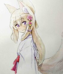  1girl animal_ear_fluff animal_ears bangs blush closed_mouth commentary_request eyebrows_visible_through_hair flower folded_ponytail fox_ears fox_girl fox_tail grey_background hair_between_eyes hair_flower hair_ornament hakama highres iroha_(iroha_matsurika) japanese_clothes kimono koyoi_(iroha_(iroha_matsurika)) long_hair looking_at_viewer looking_to_the_side miko original pink_flower red_hakama smile solo tail very_long_hair violet_eyes white_hair white_kimono 