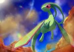  bare_tree blue_eyes blurry claws closed_mouth clouds commentary_request day dust flygon from_below gen_3_pokemon highres looking_to_the_side no_humans outdoors pokemon pokemon_(creature) sky smile solo sunokoro-eru tree 