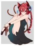  1girl absurdres animal_ears bangs bare_arms bare_legs bare_shoulders black_panties braid cat_ears cat_girl cat_tail dress green_dress hair_ribbon highres kaenbyou_rin long_hair looking_at_viewer necono_(nyu6poko) panties panty_peek red_eyes redhead ribbon smile tail thighs touhou twin_braids underwear 