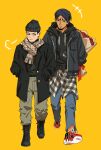  2boys arm_behind_back beanie black_coat black_footwear black_hair black_hoodie bouquet coat contemporary cross-laced_footwear dark_skin dark_skinned_male denim facial_hair fanny_pack flower golden_kamuy hands_in_pockets hat highres holding holding_bouquet hood hood_down hoodie jacket jeans koito_otonoshin looking_at_another male_focus multiple_boys pants plaid plaid_scarf red_footwear scarf shoes sneakers stubble thick_eyebrows tsukishima_hajime walking yellow_background zhege_qiongsi_bu_tai_leng 