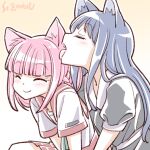  2girls ^_^ animal_ears artist_name blue_hair blush cat_ears closed_eyes kemonomimi_mode licking long_hair magia_record:_mahou_shoujo_madoka_magica_gaiden mahou_shoujo_madoka_magica multiple_girls nanami_yachiyo pink_hair school_uniform serafuku smile studiozombie tamaki_iroha yuri 