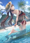  1girl ;d absurdres ass bare_arms bare_shoulders barefoot beach bikini blue_sky blush breasts brown_hair clouds cloudy_sky cup day drinking_glass feet floral_print flower frilled_bikini frills from_side genshin_impact hat highres holding holding_cup hu_tao long_hair looking_at_viewer looking_back one_eye_closed open_mouth outdoors partially_submerged red_eyes sky smile solo straw_hat summer sun swimsuit swimwear symbol-shaped_pupils tank_ryousaku teeth tree twintails water 