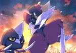  bisharp black_eyes claws closed_mouth gen_5_pokemon outdoors pawniard pokemon pokemon_(creature) sky smoke standing standing_on_one_leg twilight uraya 