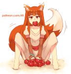  1girl animal_ears apple barefoot feet food fruit holo long_hair looking_at_viewer mouth_hold orange_hair patreon_username red_eyes rtil sitting solo spice_and_wolf tail watermark web_address wolf_ears wolf_tail 
