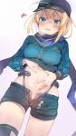  1girl ahoge aqua_eyes artoria_pendragon_(all) baseball_cap black_headwear black_legwear blonde_hair blue_scarf blue_shirt blue_shorts blush breasts breath cowboy_shot fate/grand_order fate_(series) groin hair_between_eyes hand_on_own_stomach hat heavy_breathing highleg highleg_panties highres lifted_by_self medium_breasts midriff mysterious_heroine_x_(fate) navel open_fly open_mouth panties purple_panties scarf shirt shirt_lift short_hair short_shorts shorts simple_background solo squiggle stomach sweat thigh-highs thighs tomozero underwear white_background 