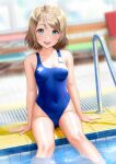  1girl aqua_eyes blue_swimsuit blurry blurry_background blush breasts brown_hair competition_swimsuit covered_nipples crotch egawo highres legs looking_at_viewer love_live! love_live!_sunshine!! medium_breasts one-piece_swimsuit open_mouth pool poolside short_hair sitting solo swimsuit teeth thighs watanabe_you wet 