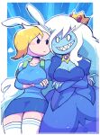  2girls absurdres adventure_time animal_ears animal_hood backpack bag bangs blonde_hair blue_skin blue_skirt blush_stickers breasts colored_skin crossed_arms crown curvy fionna_the_human_girl genderswap genderswap_(mtf) grin highres hood ice_queen_(adventure_time) large_breasts long_hair multiple_girls planted_sword planted_weapon rabbit_ears rariatto_(ganguri) ribbed_sweater rivals sharp_teeth silver_hair skirt smile sweater sword teeth thick_thighs thigh-highs thighs tongue tongue_out very_long_hair weapon white_legwear wide_hips 