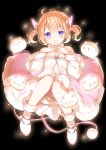  &gt;_&lt; 1girl :o angora_rabbit april_fools bangs bare_legs bare_shoulders black_background blush boots bow breasts demon_girl demon_horns demon_tail dress evil_smile expressions eyebrows_visible_through_hair fang fur-trimmed_boots fur-trimmed_dress fur_choker fur_trim glowing glowing_horns gochuumon_wa_usagi_desu_ka? grin hands_on_own_chest highres horn_ornament horn_ribbon horns hoto_cocoa koi_(koisan) long_hair looking_at_viewer medium_breasts no_legwear orange_hair orange_theme pink_horns pink_tail pink_theme rabbit ribbon simple_background smile solo sparkle tail teeth tippy_(gochiusa) too_many two_side_up violet_eyes white_bow white_dress white_footwear 