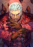  1boy abs brown_gloves choker cropped_jacket earrings gloves hankuri hankuri jacket jewelry long_sleeves looking_at_viewer muscular muscular_male nanakase_yashiro pectorals red_jacket short_hair sleeves solo the_king_of_fighters the_king_of_fighters_xv white_hair 