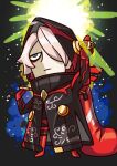  1boy april_fools arm_up black_coat blue_eyes brass_knuckles chibi coat english_text fate/grand_order fate_(series) gloves hair_over_one_eye highres holding hood hood_up karna_(fate) karna_(santa)_(fate) long_sleeves official_art open_clothes open_coat red_gloves riyo_(lyomsnpmp) sandbag short_hair solo weapon white_hair 