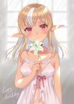  1girl babydoll bangs bare_arms bare_shoulders blonde_hair blush breasts character_name closed_mouth collarbone commentary_request dark_skin dark-skinned_female elf eyebrows_visible_through_hair flower happy_birthday highres holding holding_flower hololive indoors kabi_akaru lily_(flower) looking_at_viewer multicolored_hair navel pointy_ears red_eyes red_ribbon ribbon shiranui_flare small_breasts smile solo streaked_hair two-tone_hair underwear underwear_only virtual_youtuber white_hair window 