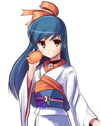  1girl blue_hair boa_(brianoa) brown_eyes closed_mouth food fruit hair_ribbon highres holding japanese_clothes kimono long_hair looking_at_viewer orange_(food) ribbon shoumetsu_toshi simple_background smile solo standing white_background yuki_(shoumetsu_toshi) 