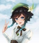  1boy alumerieart androgynous bangs beret black_hair blue_eyes blue_hair bow braid brooch clouds cloudy_sky collared_shirt day flower gem genshin_impact gradient_hair green_headwear hat hat_flower highres jewelry leaf long_sleeves looking_at_viewer male_focus multicolored_hair outdoors shirt short_hair_with_long_locks sky smile solo tongue tongue_out twin_braids venti_(genshin_impact) white_flower white_shirt 