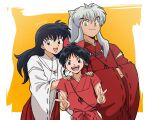  1boy 2girls animal_ears bead_necklace beads black_hair blush bow dog_ears double_v family father_and_daughter hair_bow han&#039;you_no_yashahime hands_in_opposite_sleeves hands_on_another&#039;s_shoulders highres higurashi_kagome inuyasha inuyasha_(character) japanese_clothes jewelry kimono long_hair looking_at_viewer miko moroha mother_and_daughter multiple_girls necklace pinoko_(pnk623) ponytail school_uniform smile twitter_username v white_hair yellow_eyes 
