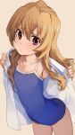 1girl aisaka_taiga arched_back bangs beige_background blue_swimsuit blush brown_eyes brown_hair collarbone commentary_request competition_school_swimsuit cowboy_shot eyebrows_visible_through_hair flat_chest hair_between_eyes highres hiroki_(yyqw7151) light_frown long_hair looking_at_viewer one-piece_swimsuit school_swimsuit shirt simple_background solo swimsuit toradora! undressing white_shirt 