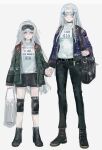  2girls absurdres bag belt denim english_text g11_(girls_frontline) german_flag girls_frontline handbag height_difference highres hk416_(girls_frontline) holding_hands iron_cross jacket jeans knee_pads long_hair messy_hair multiple_girls nslacka pants plastic_bag shoes skirt sneakers socks 